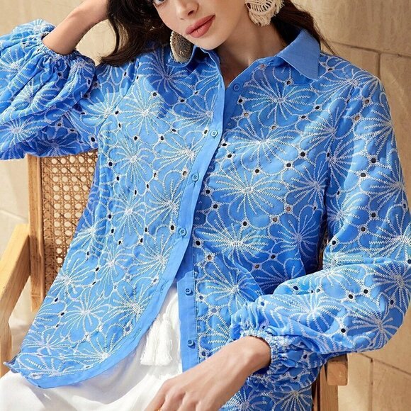 Blue Boho Women's Hollow Out Flower Embroidery Lantern Sleeve Shirt - Picture 5 of 5
